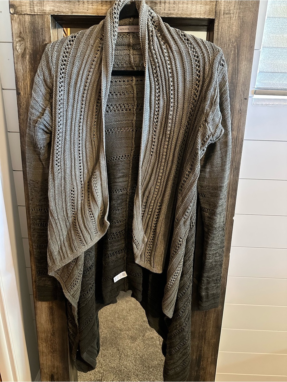 Athleta Wilton Wrap Cardigan S Olive Gray Cotton Cashmere Open Knit Waterfall